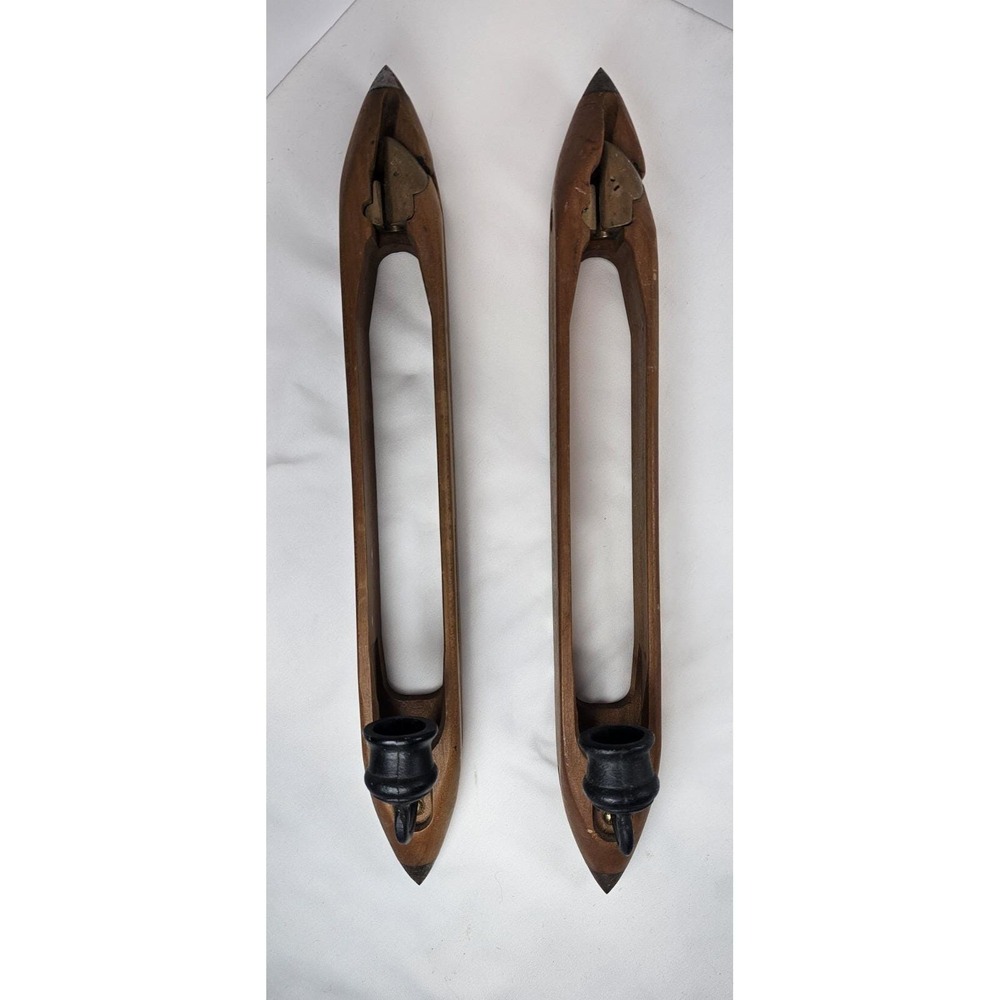 VTG 17" Wooden Weavers Loom Shuttles Brutalist Wall Candle Sconce Pair Folk Art
